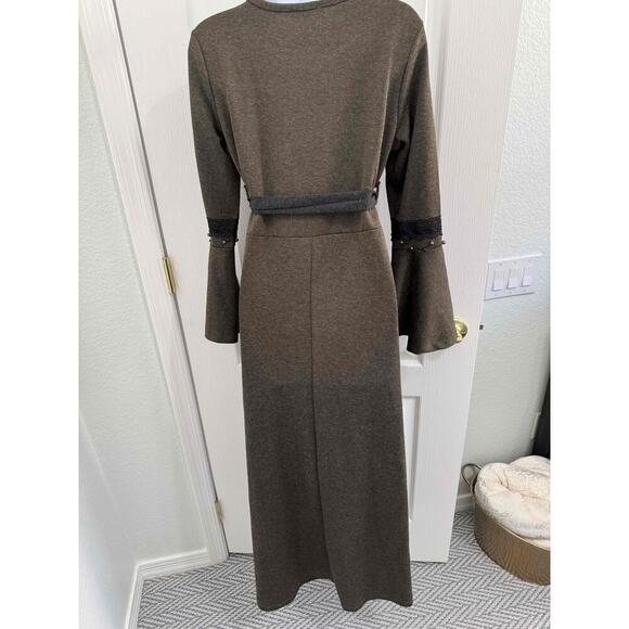 Lavinyo LVNKolu Volanlı Robası Dantelli Brown Long Sleeve Bell  Midi Dress 40 - Picture 8 of 10